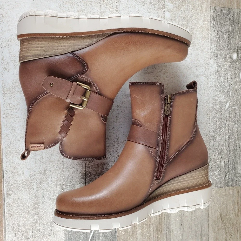 Pikolinos Sanlucar Womens Ankle Boots Sz 6.5 Brown Leather Side Zip Wedge Heel